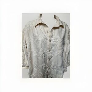 Chicos Size 3 Silk Top Cropped Ivory Embroider 3/4 Sleeve Cottagecore Beachy Art